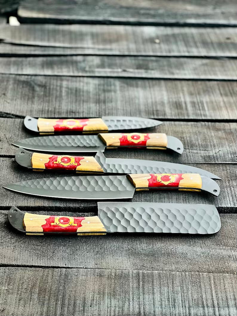 Premium Olivewood & Epoxy Stainless Steel Knife Set – 13" Forged Blades with Leather Sheath - Korvel