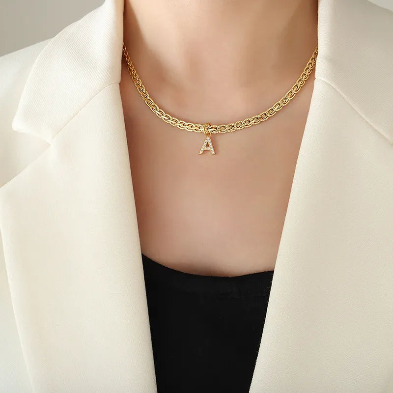Brass Inlaid Zircon Letter Pendant Necklace - Korvel