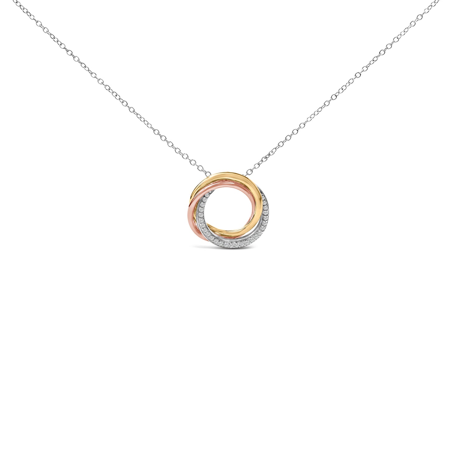 Tri Tone Sterling Silver Diamond Interlocking Circle Pendant Necklace