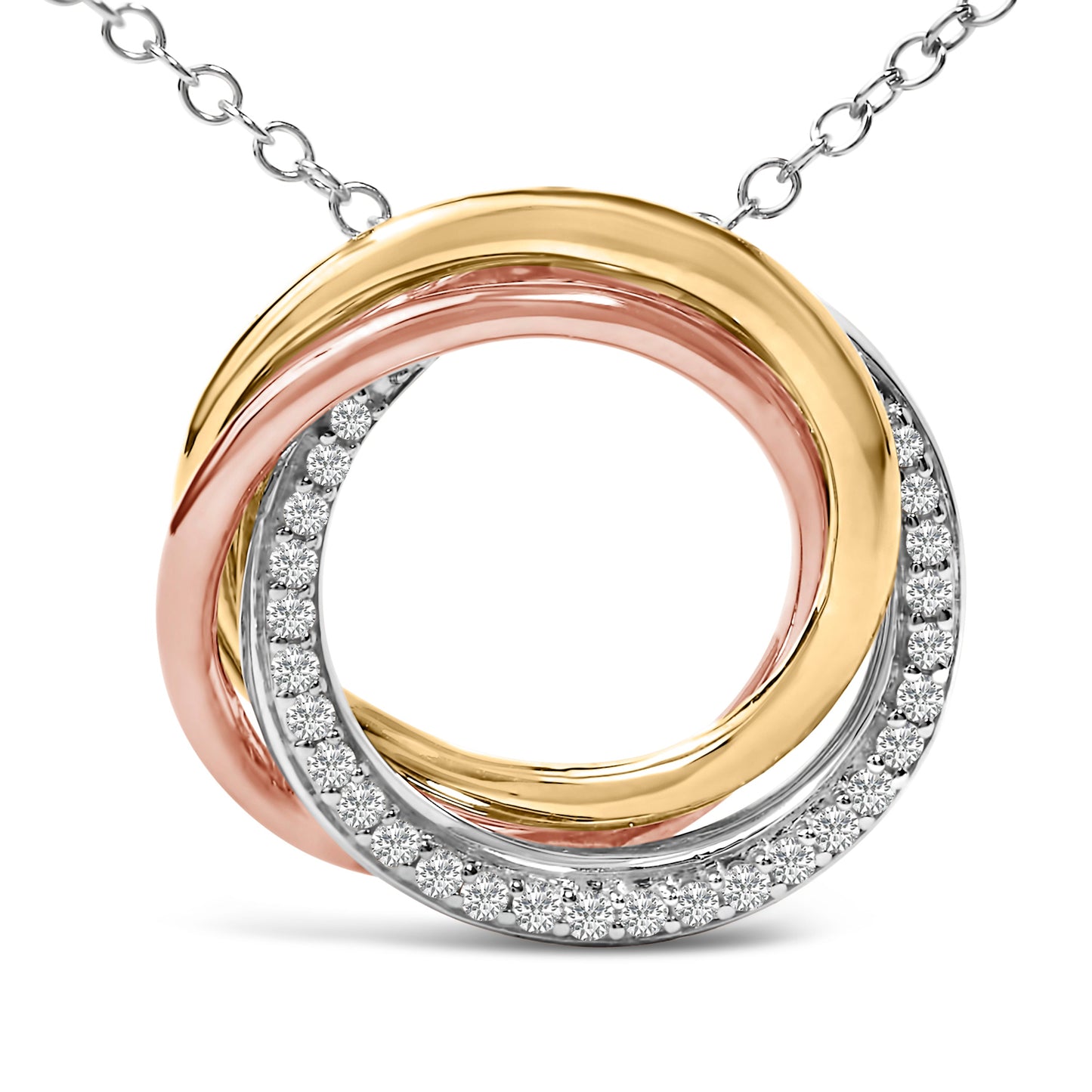 Tri Tone Sterling Silver Diamond Interlocking Circle Pendant Necklace