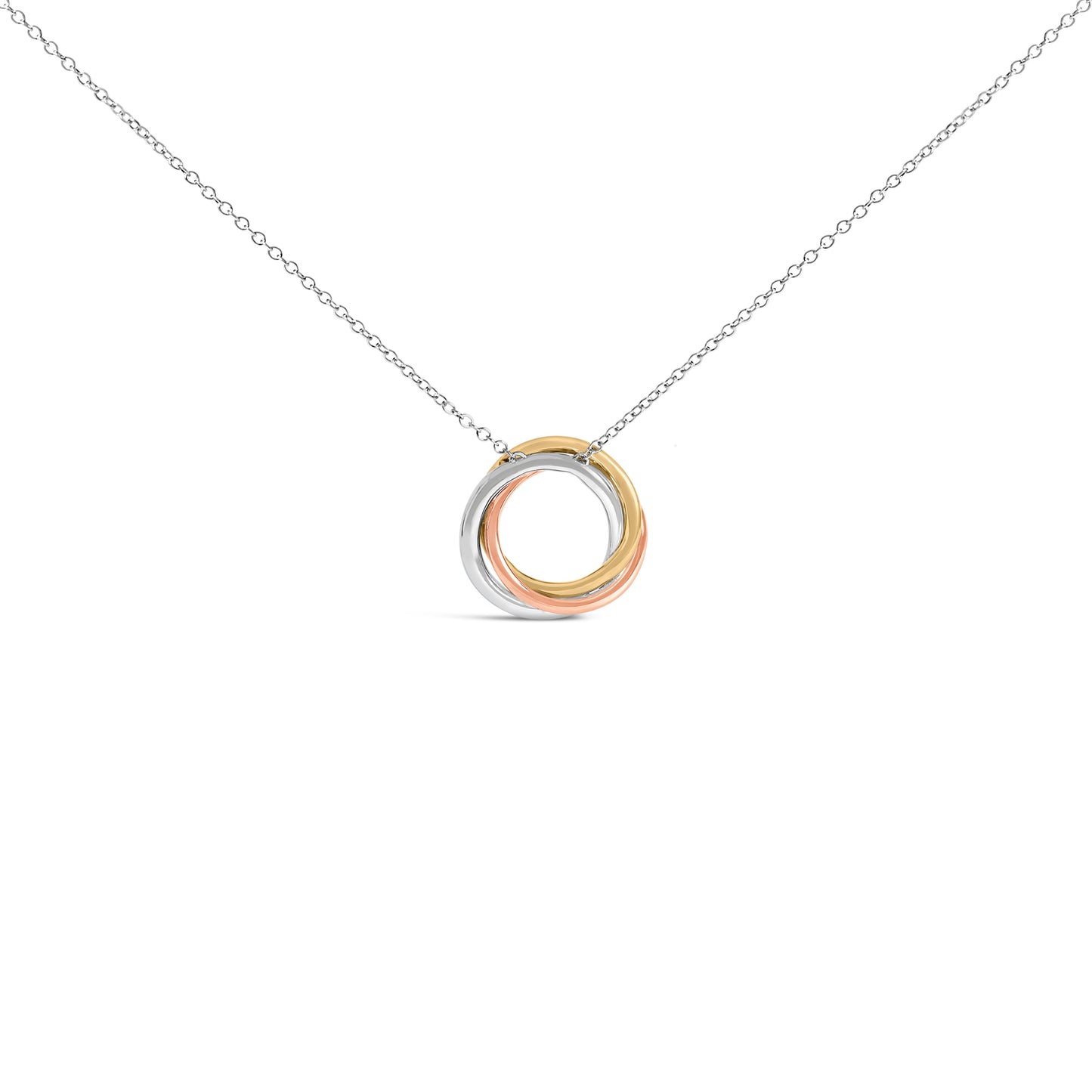 Tri Tone Sterling Silver Diamond Interlocking Circle Pendant Necklace