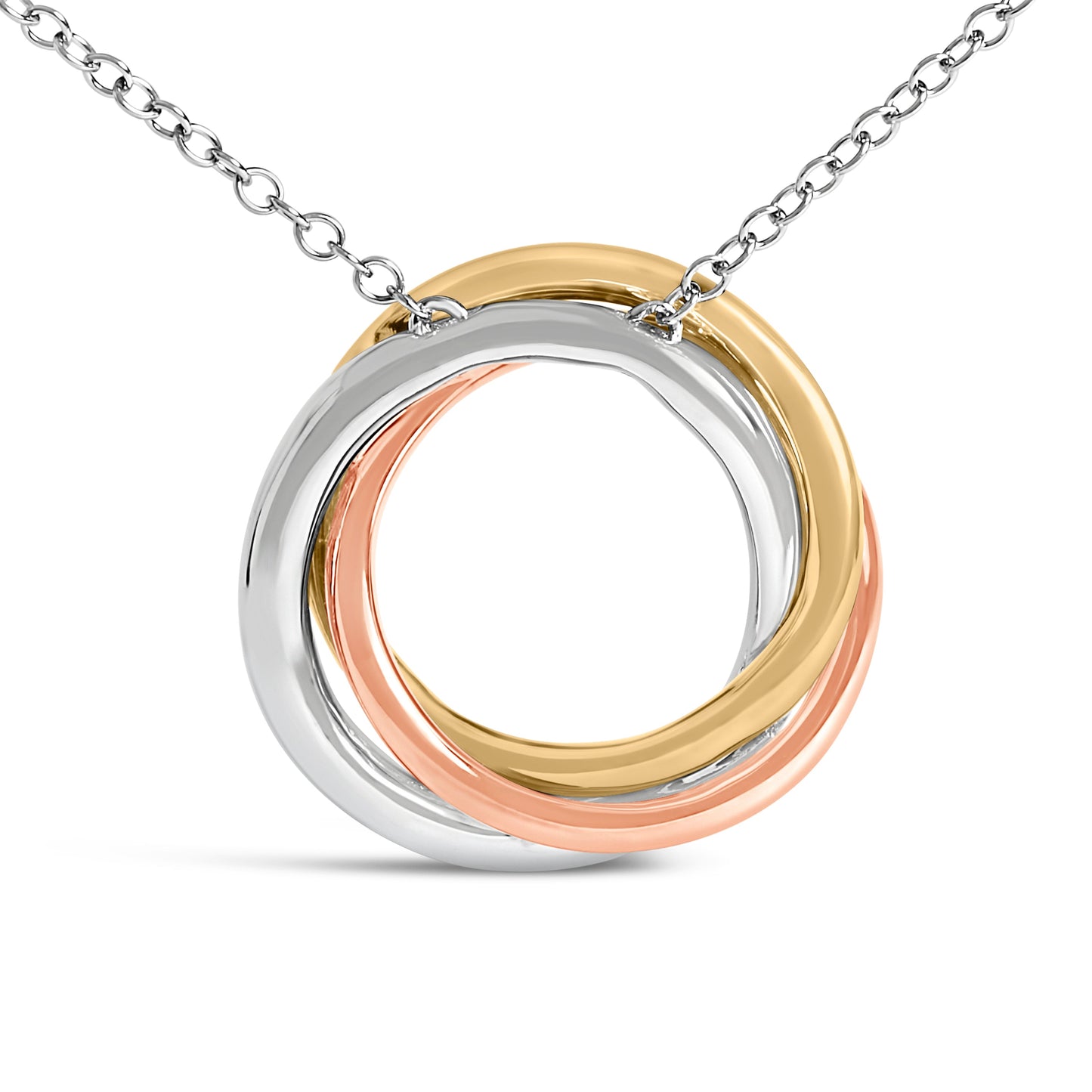 Tri Tone Sterling Silver Diamond Interlocking Circle Pendant Necklace