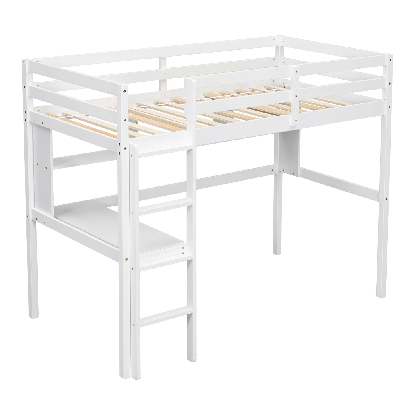 Twin Loft Bed with built-in desk and bookcase of three compartments, Guardrails and Ladder,White - Korvel