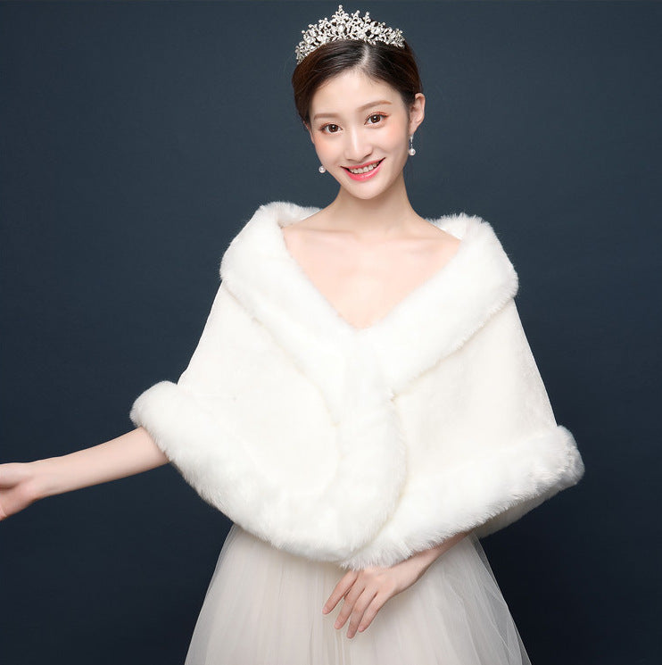 Bride's wedding dress fur shawl women's warm white cloak cheongsam jacket red cloak - Korvel