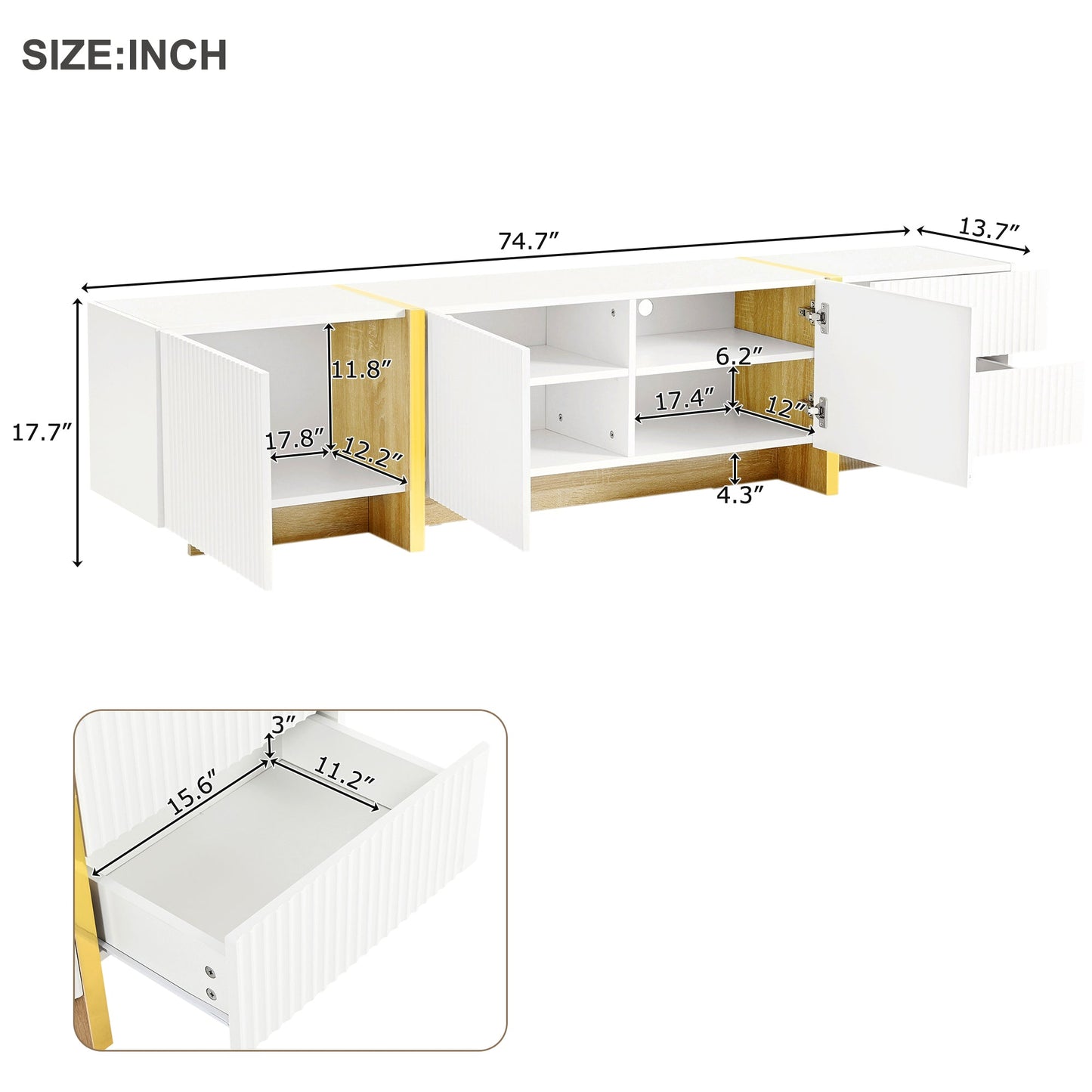 Luxury Fluted TV Stand for TVs Up to 80'', Modern Entertainment Center with Storage Cabinets & Drawer White - Korvel