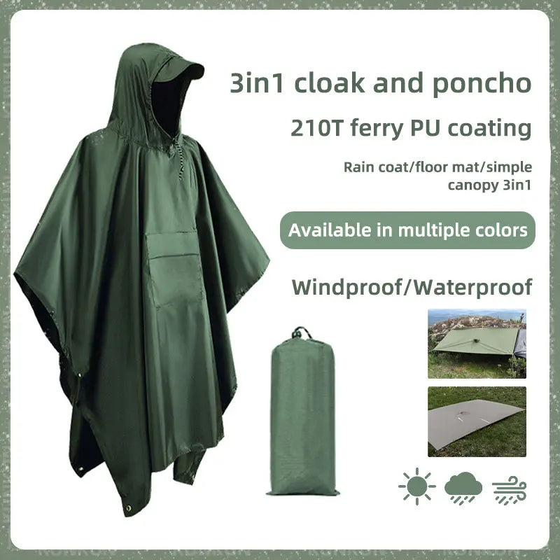 3 In 1 Outdoor Military Raincoat Hooded Sleeve Waterproof Rain Poncho Motorcycle Rain Cover Camping Hiking Travel Rainwear Tent - Korvel