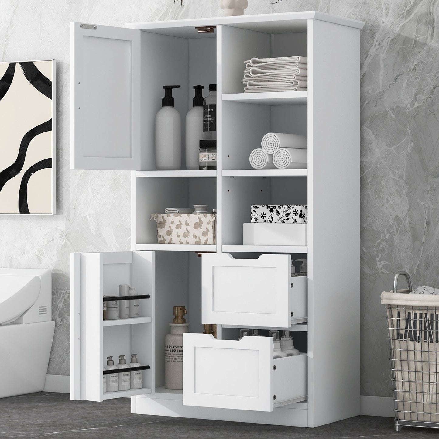 Bathroom storage cabinet with doors and drawers, multiple storage spaces, independent, open adjustable shelves, white - Korvel