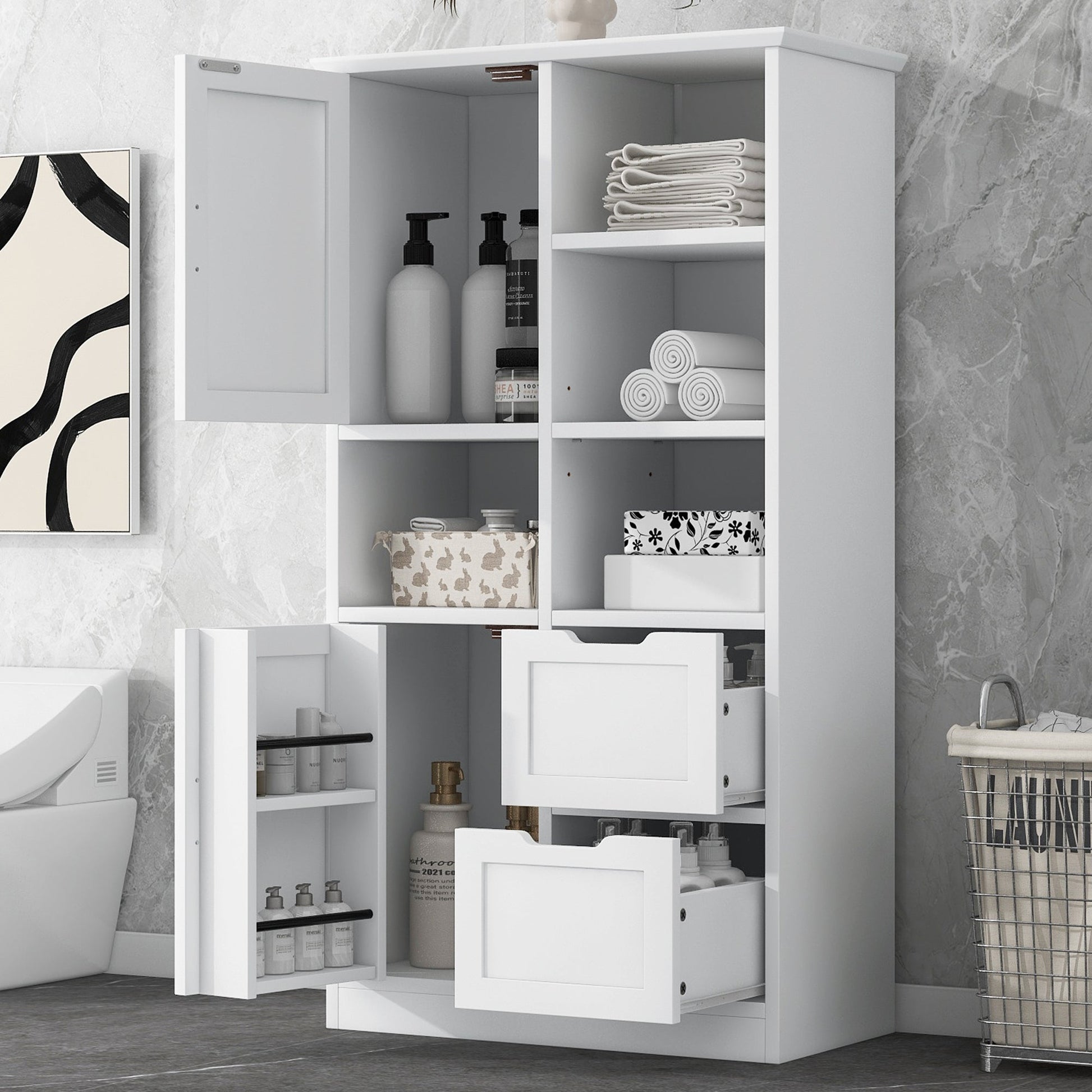 Bathroom storage cabinet with doors and drawers, multiple storage spaces, independent, open adjustable shelves, white - Korvel