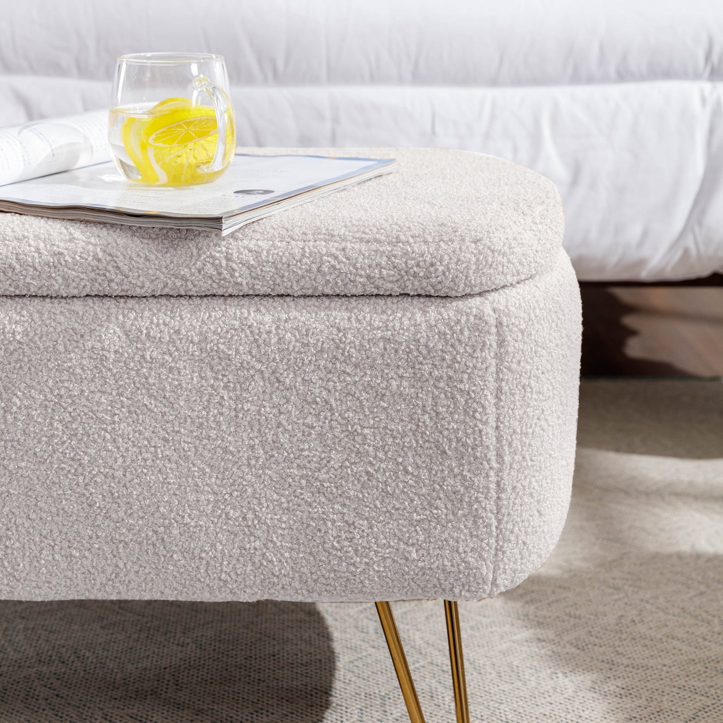 Ivory White Storage Ottoman Bench with Gold Legs