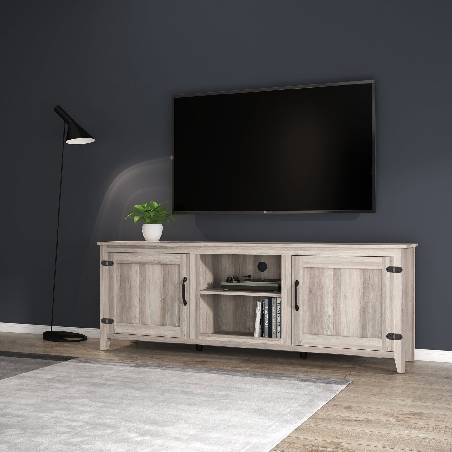 Grey Walnut TV Stand Storage Media Console with Two Doors