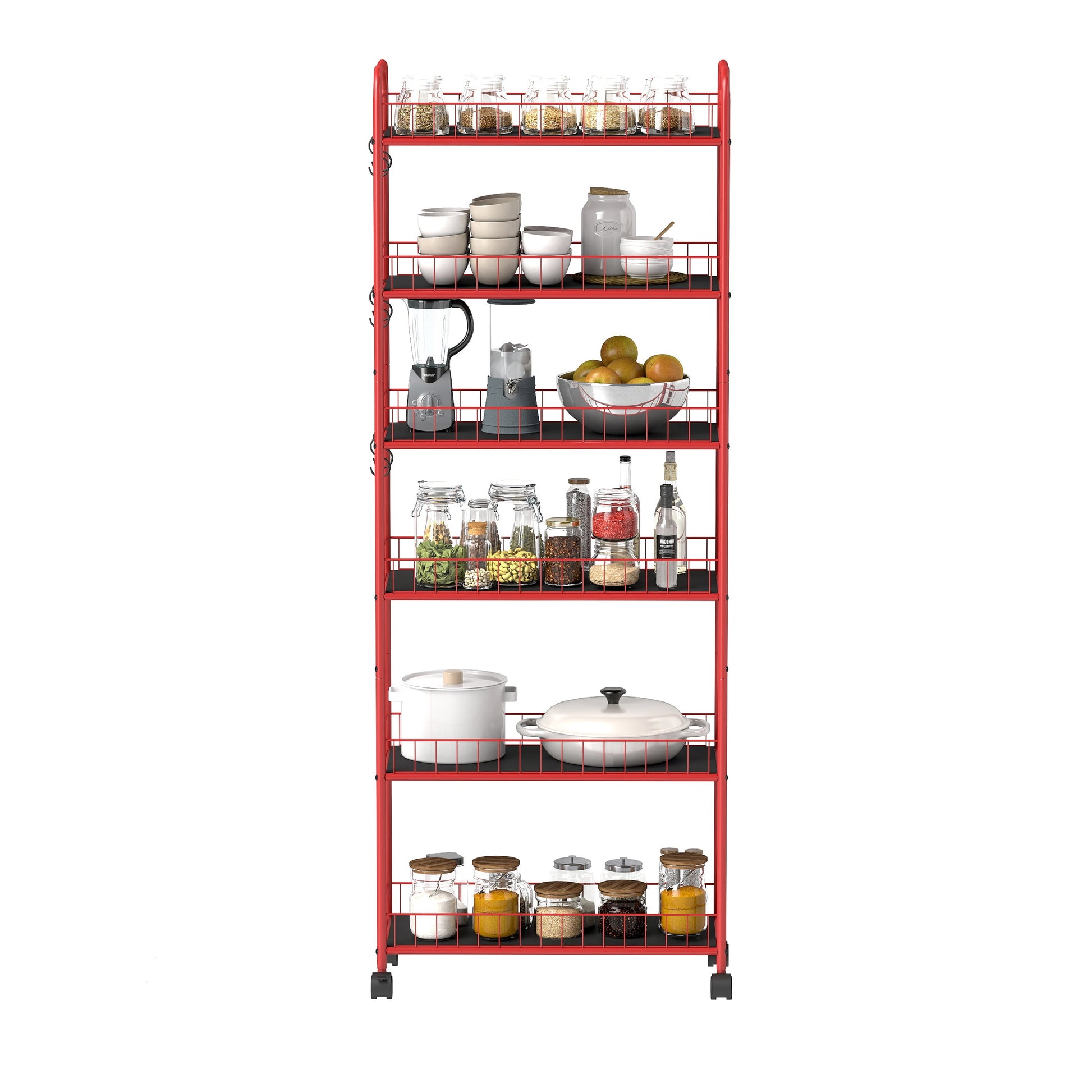 Red 6-story ultra-thin rolling storage cart, mobile shelves with wheels, metal wire storage rack with baskets - Korvel