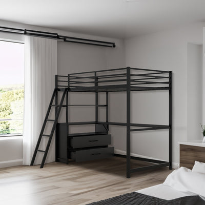Twin Size Metal&Wood Loft Bed with Desk and Shelves, Two Built-in Drawers, Black - Korvel