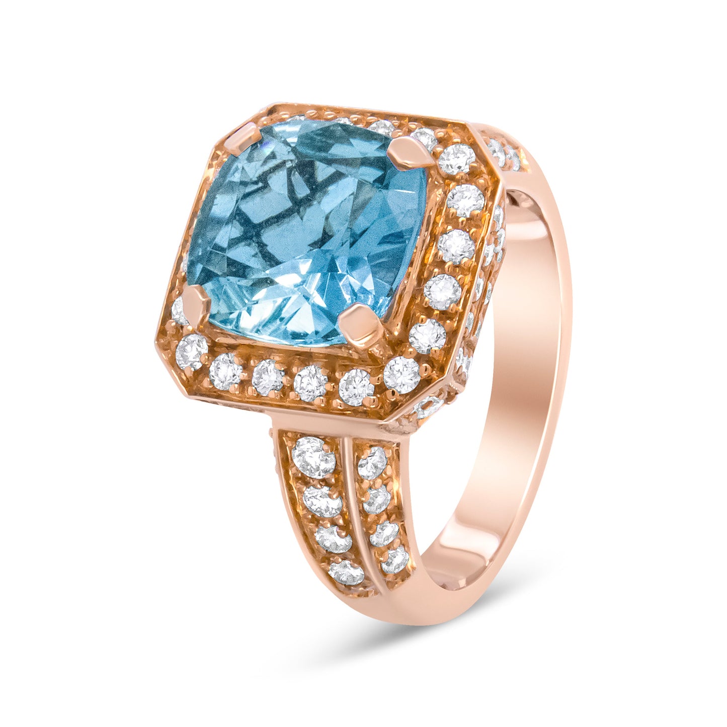 Bague de fiançailles en or rose 18K avec aigue-marine et halo de diamants - Taille 6.5
