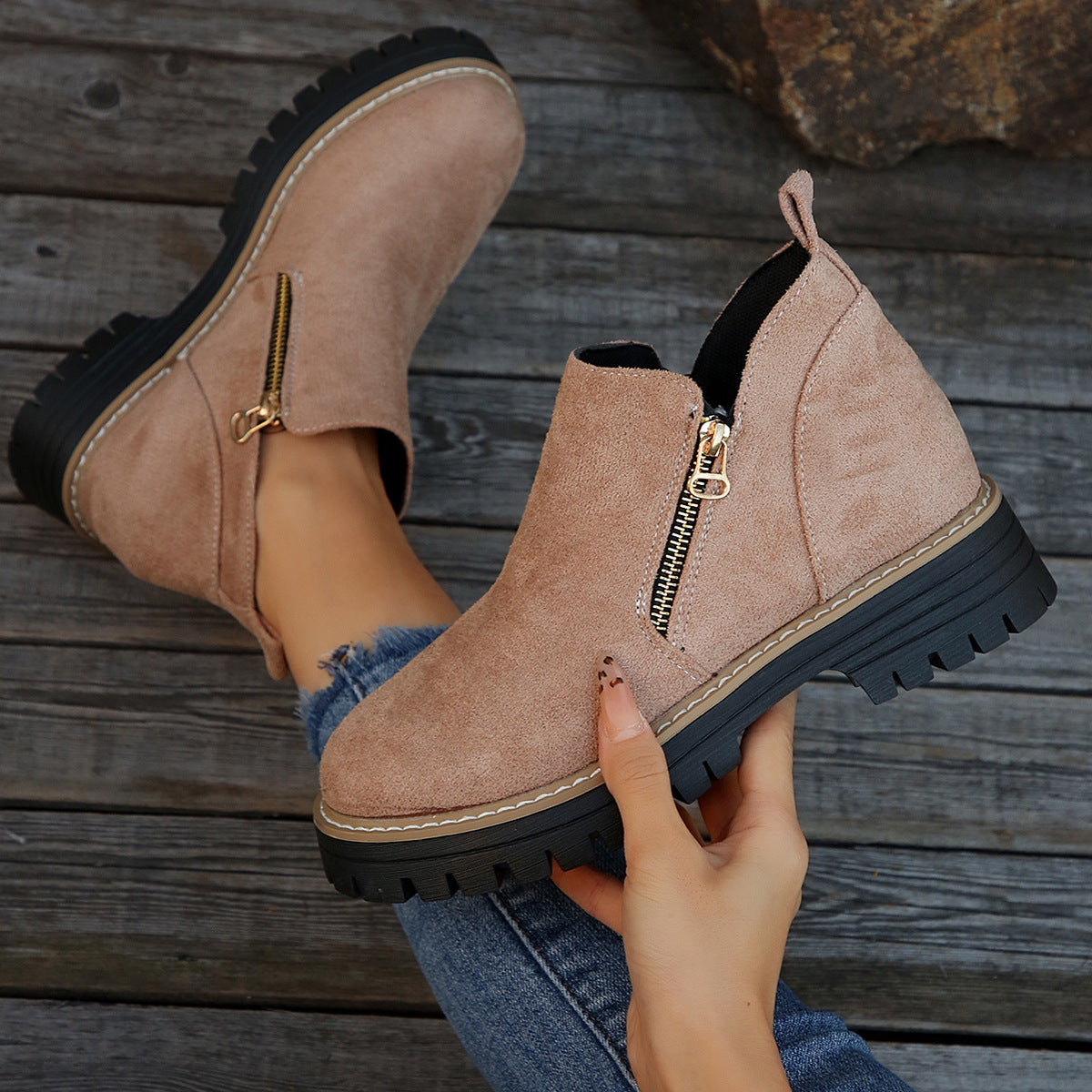 Botas de Tobillo de Ante Chic con Cremallera Lateral para Mujeres