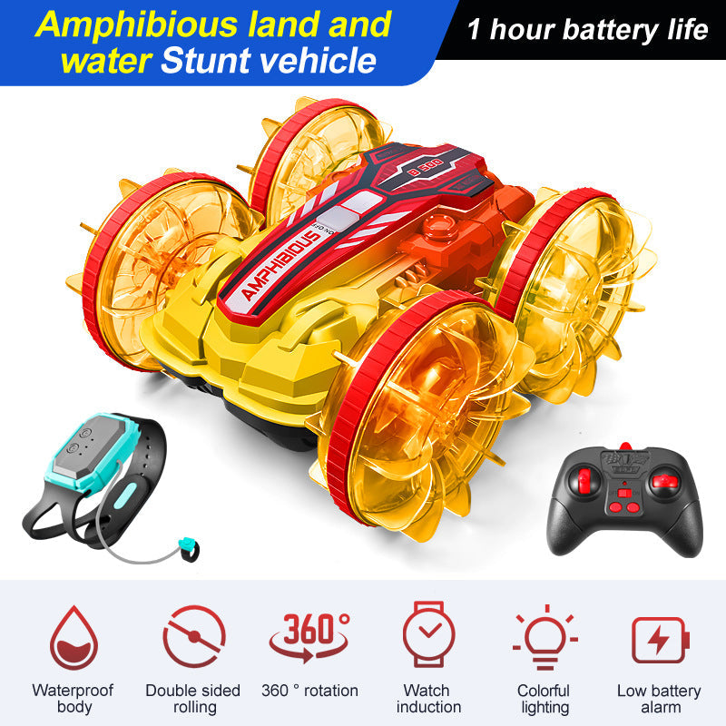 Colorful light wheel double-sided stunt amphibious remote control car watch dual control four-wheel drive power - Korvel