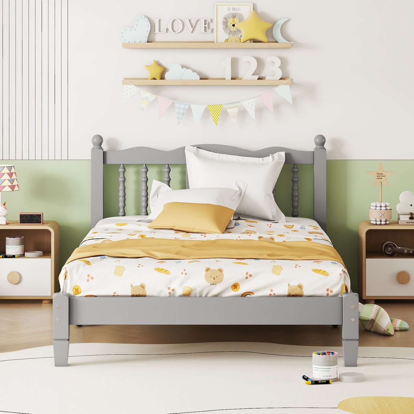 Twin Bed with Column-Decoration Headboard, with Bed Slats,Grey - Korvel