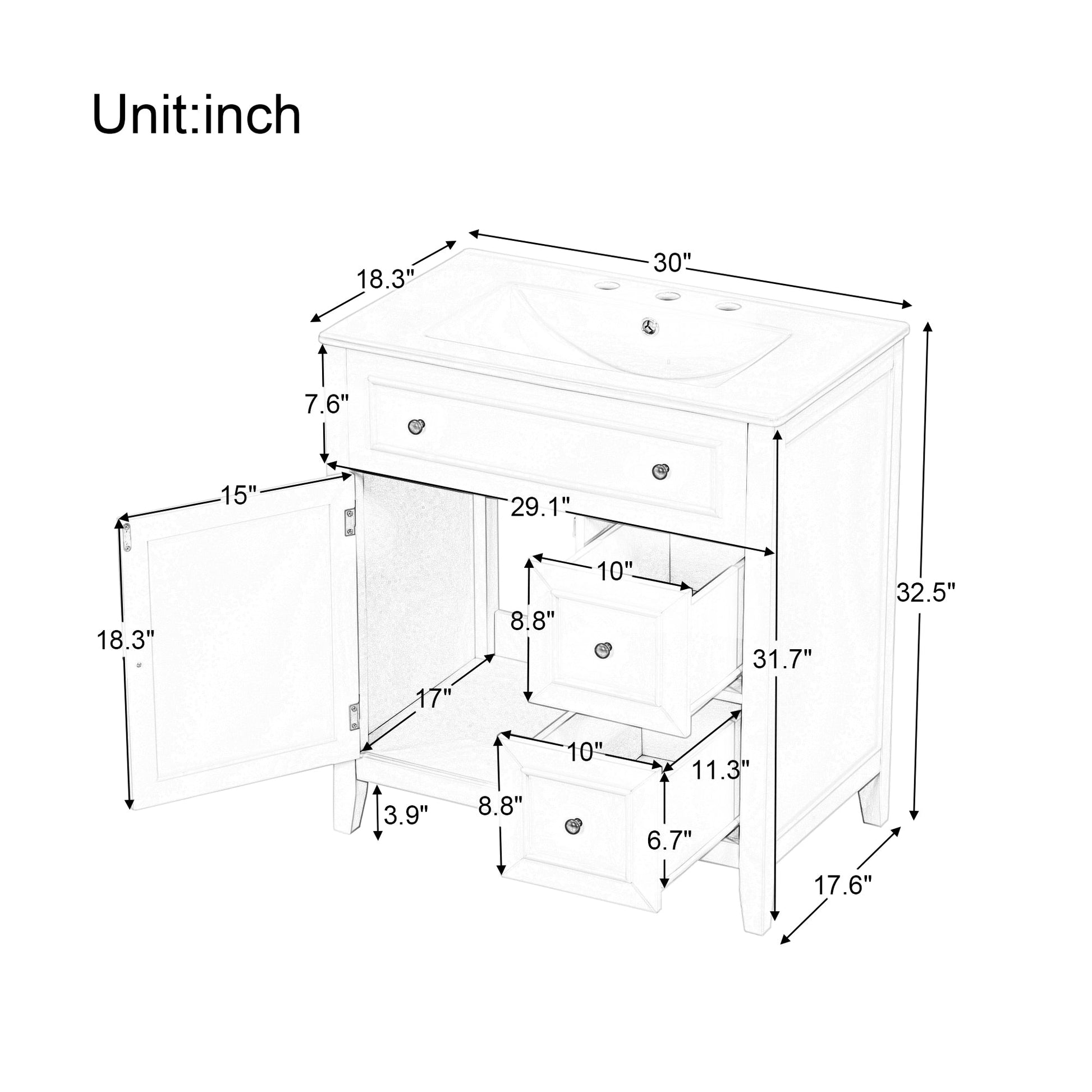 30" Bathroom Vanity with Sink Top, Bathroom Vanity Cabinet with Door and Two Drawers, Solid Wood Frame, One Package, White - Korvel