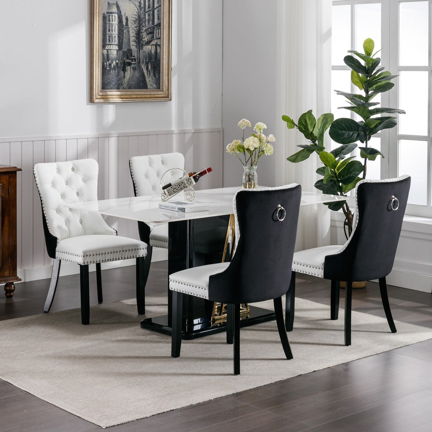 Tufted Solid Wood Dining Chairs - 2-Piece Set in White and Black