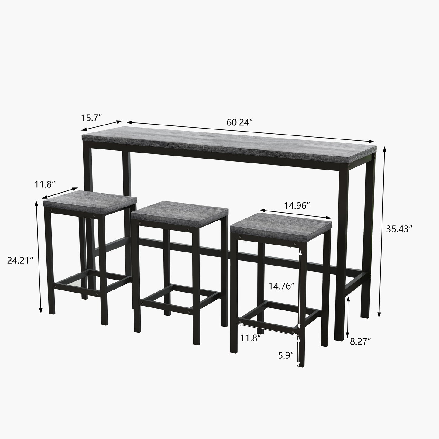 Modern Design Kitchen Dining Table Pub Table Long Dining Table Set with 3 Stools Easy Assembly Gray - Korvel