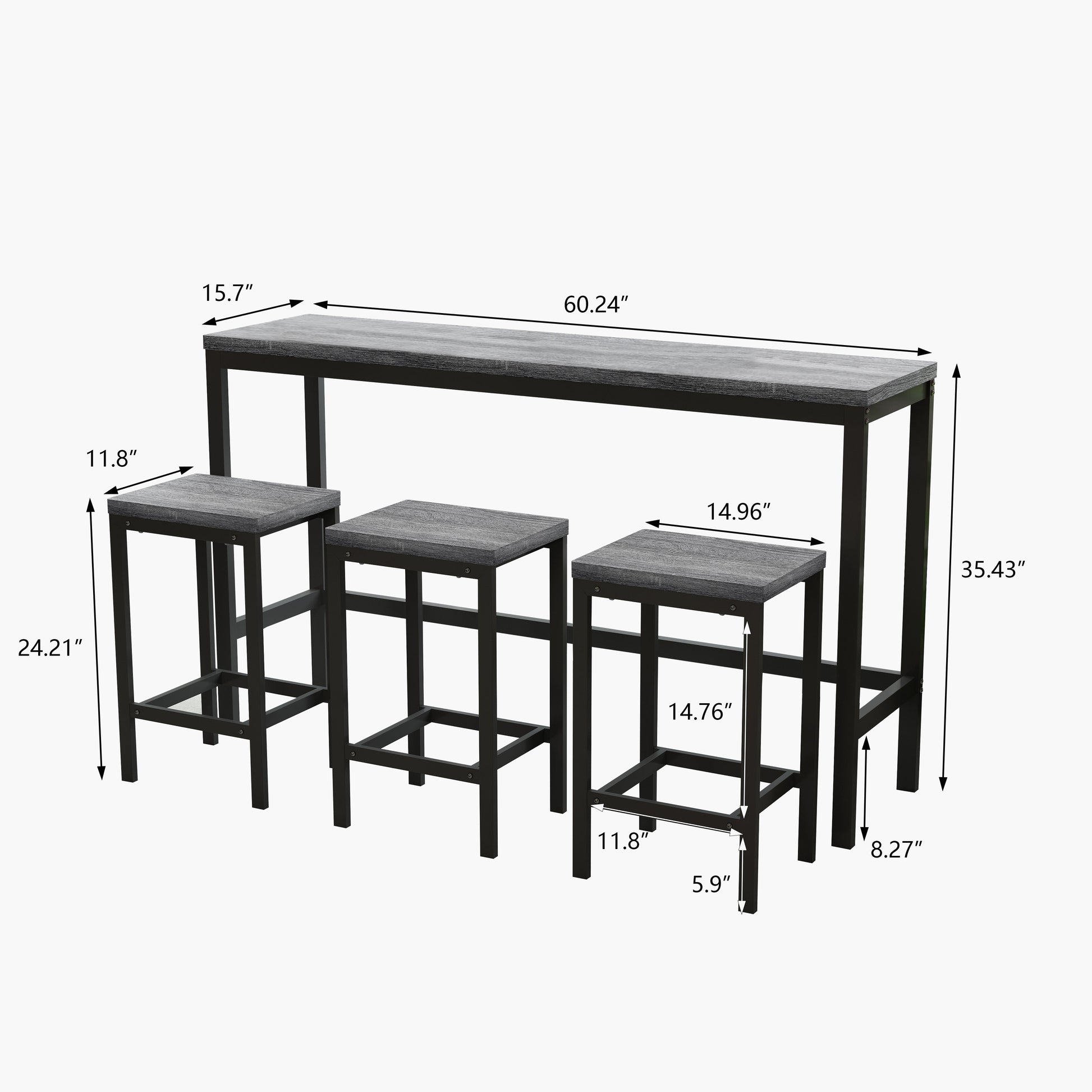 Modern Design Kitchen Dining Table Pub Table Long Dining Table Set with 3 Stools Easy Assembly Gray - Korvel