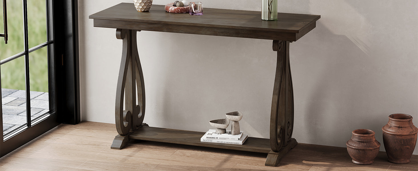 48-Inch Rustic Vintage Console Table --- Farmhouse Style Entryway Table with Open Shelf and Sturdy Construction (Walnut) - Korvel
