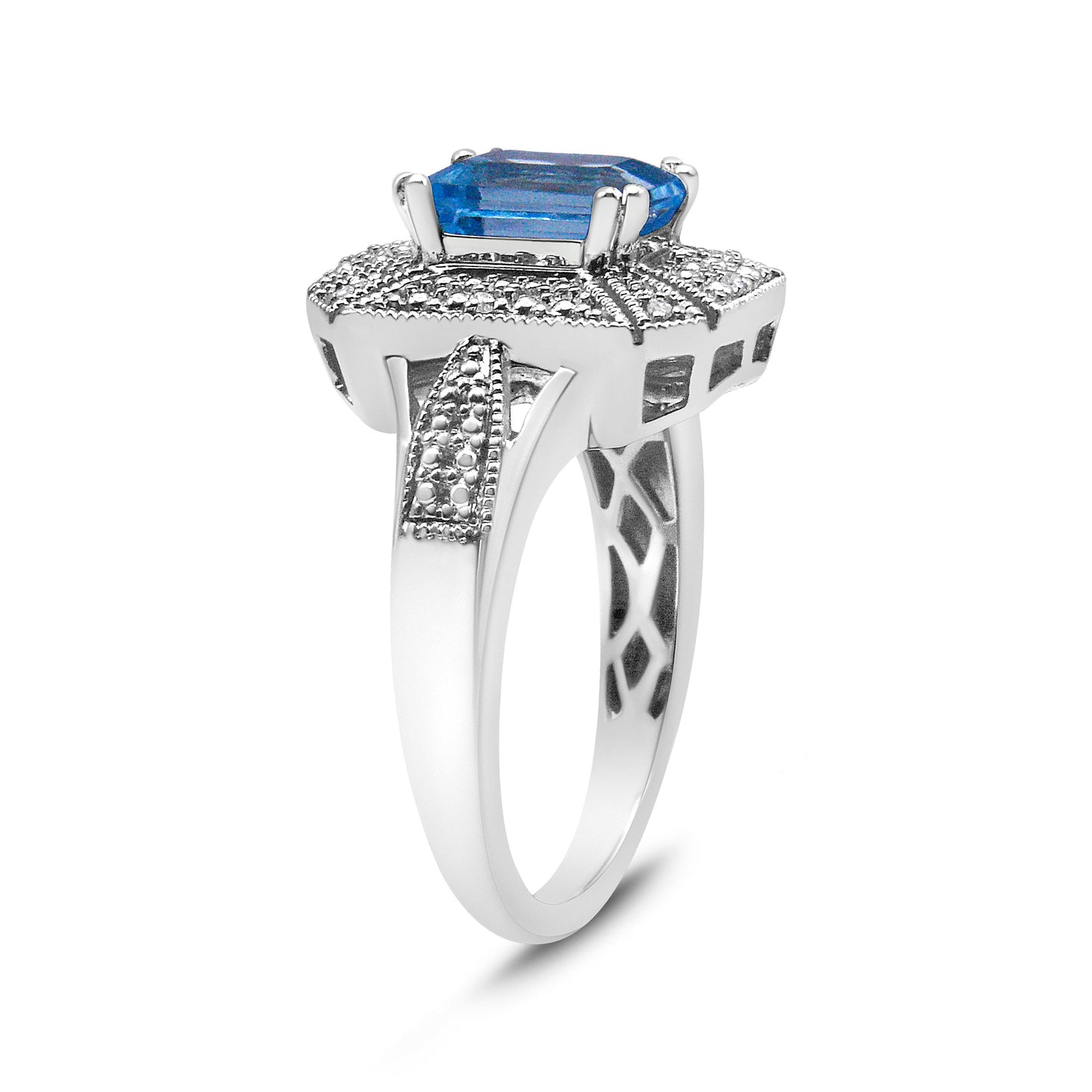 Anillo de Acero Inoxidable de Plata .925 con Topacio Azul y Acentos de Diamante - Talla 7