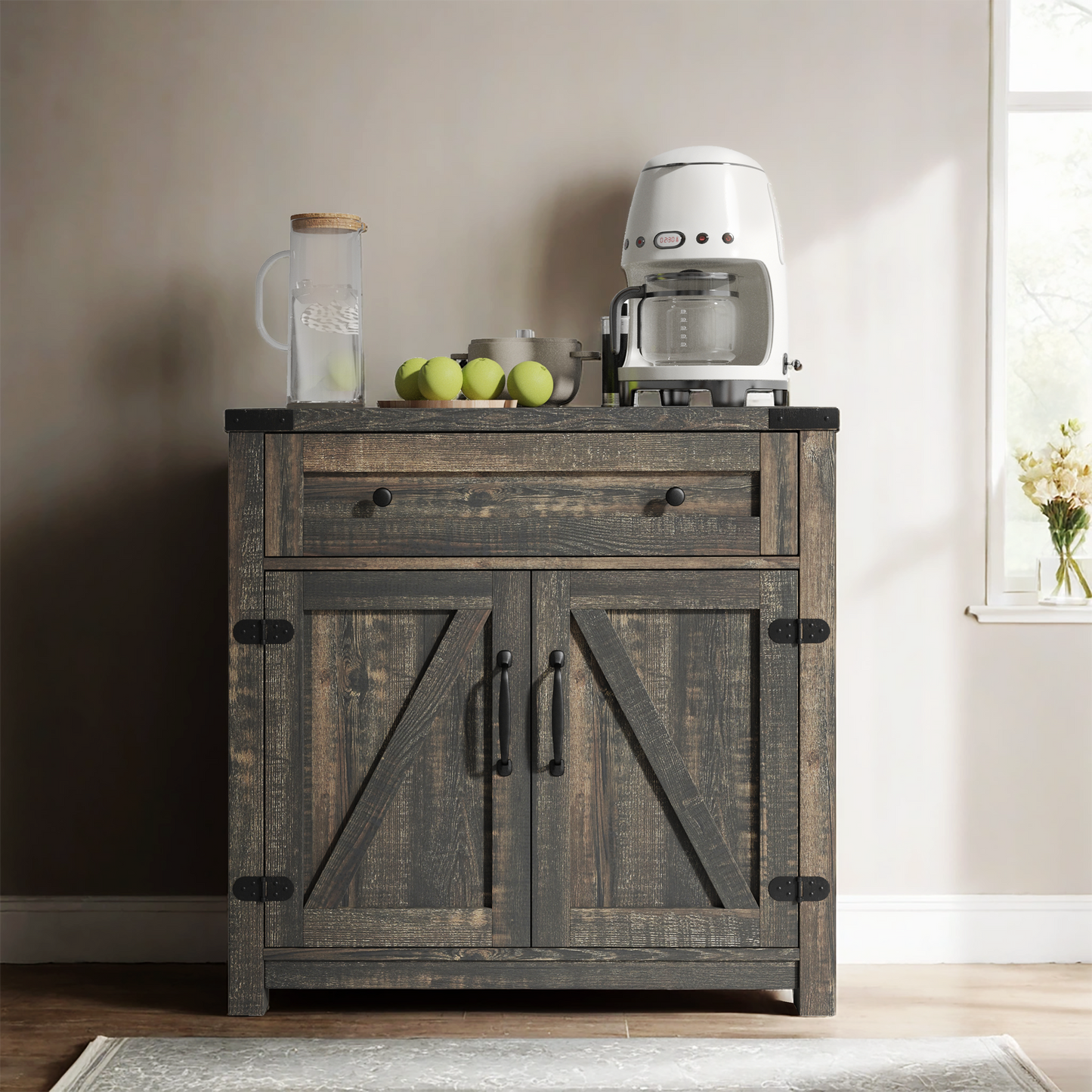Modern Farmhouse Double Barn Door Accent Cabinet, 30 Inch,BLACK PINE - Korvel