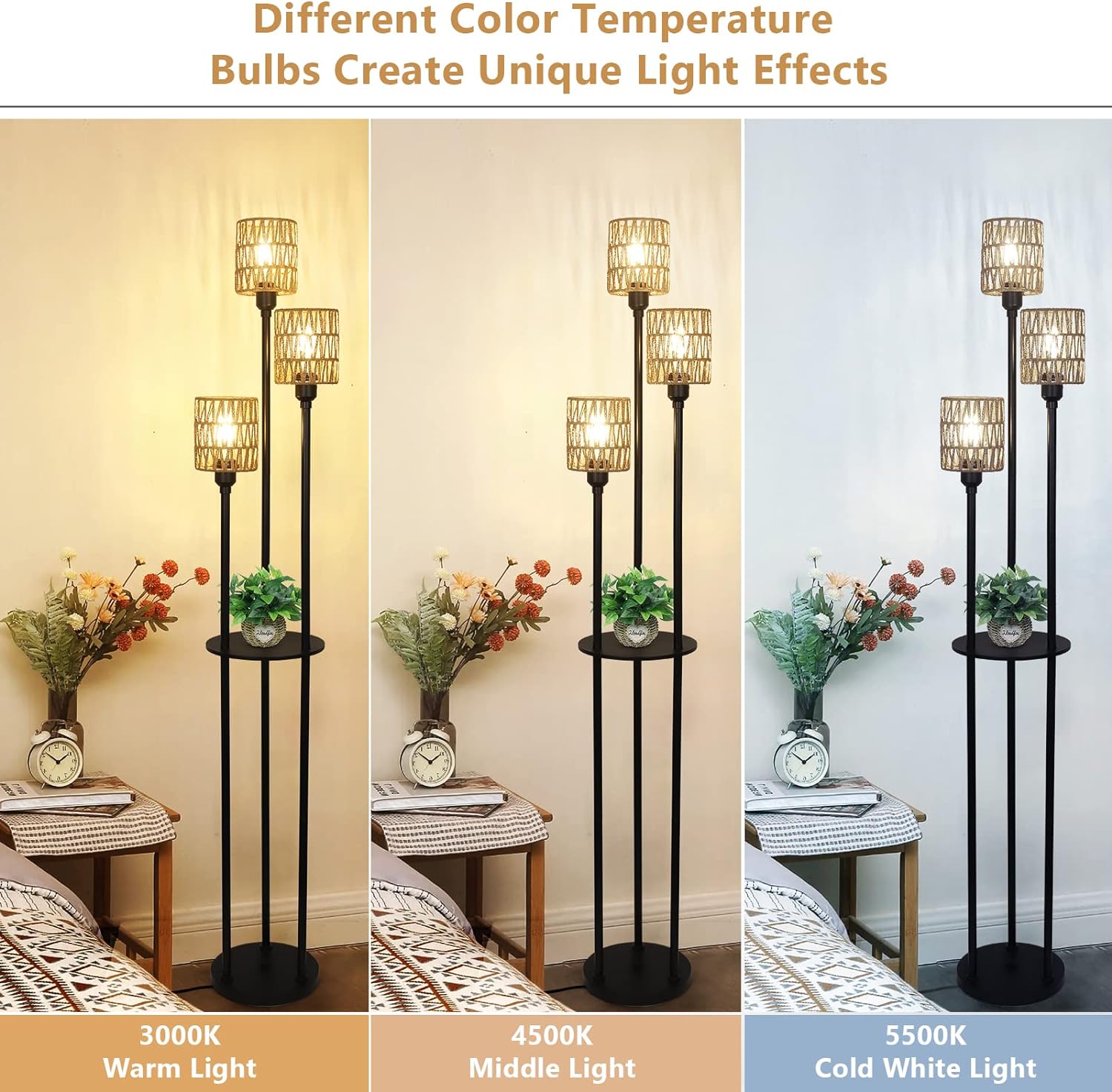 Boho Floor Lamp with Shelves 3-Lights Farmhouse Tall Floor Lamp with ON/OFF Foot Switch Rustic Standing Lamp with Rattan Shades - Korvel