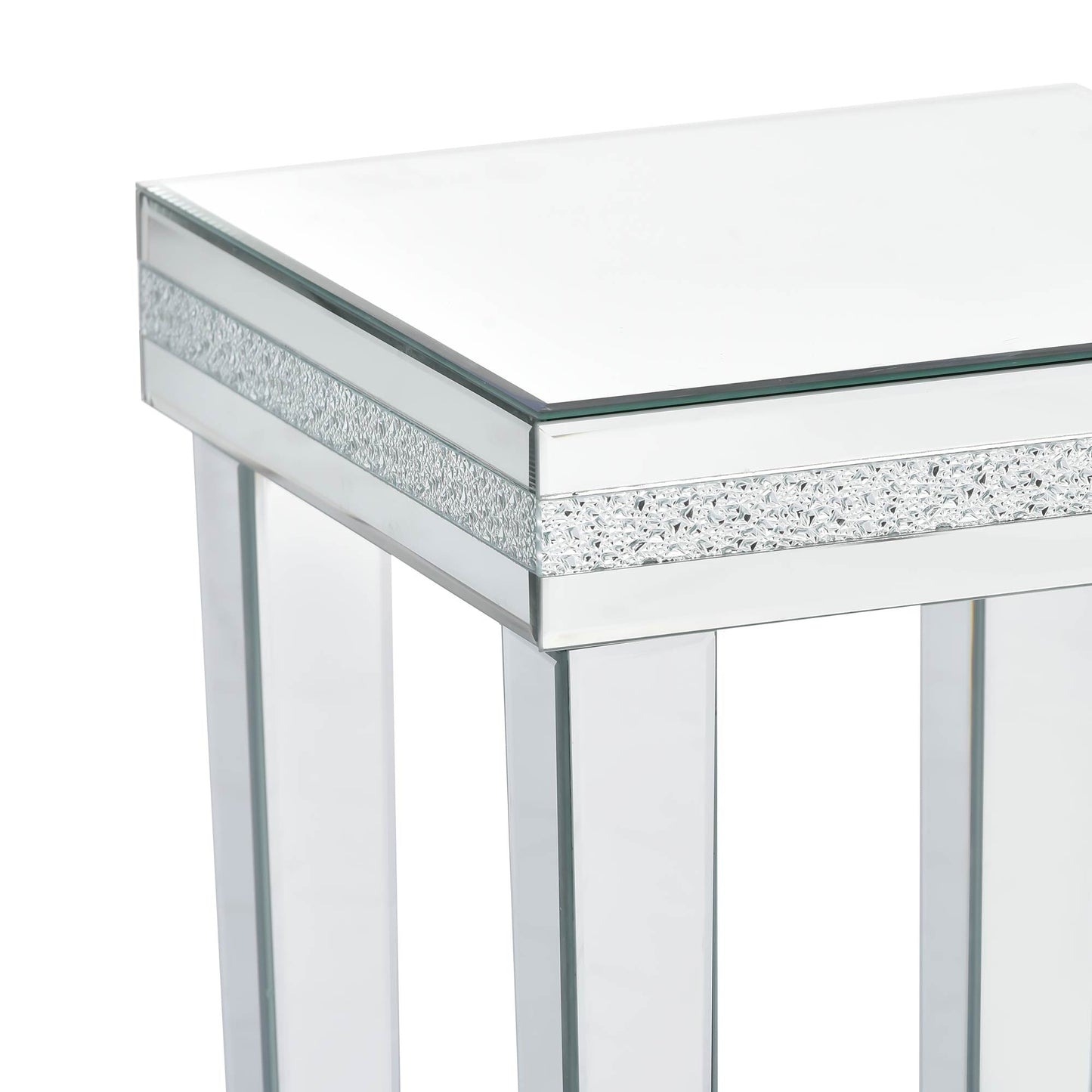 ON-TRANS glass mirror edge table, easy to assemble crystal design and adjustable height leg edge table, silver - Korvel