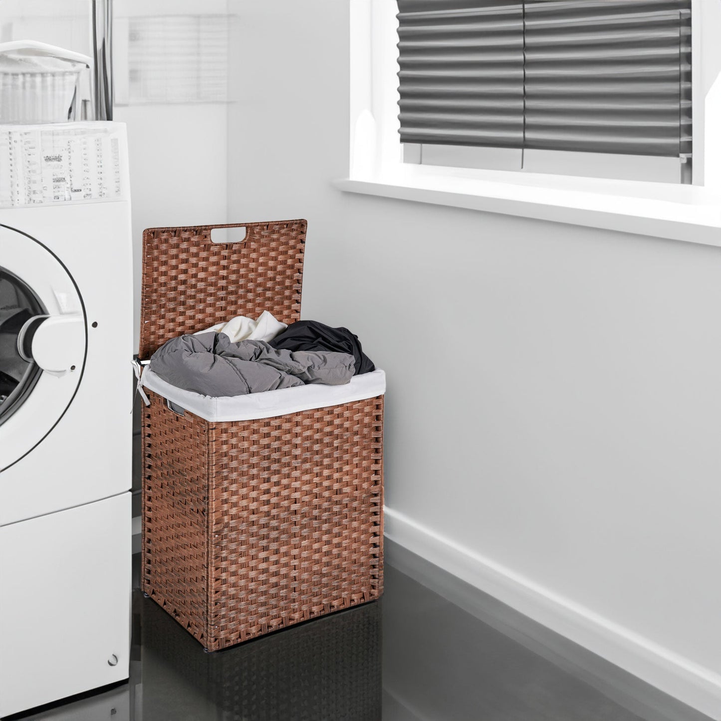 Laundry Hamper With Lid PE Rattan Powder Coating Frame Clothes Hampers with 02 Removable Bags, 100L, Brown Color - Korvel