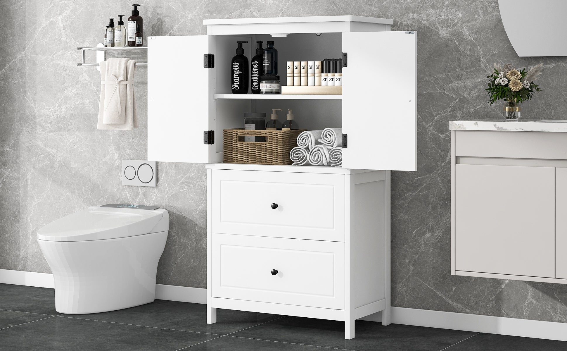 Bathroom Storage Cabinet, Cabinet with Two Doors and Drawers, Adjustable Shelf, MDF Board, White - Korvel