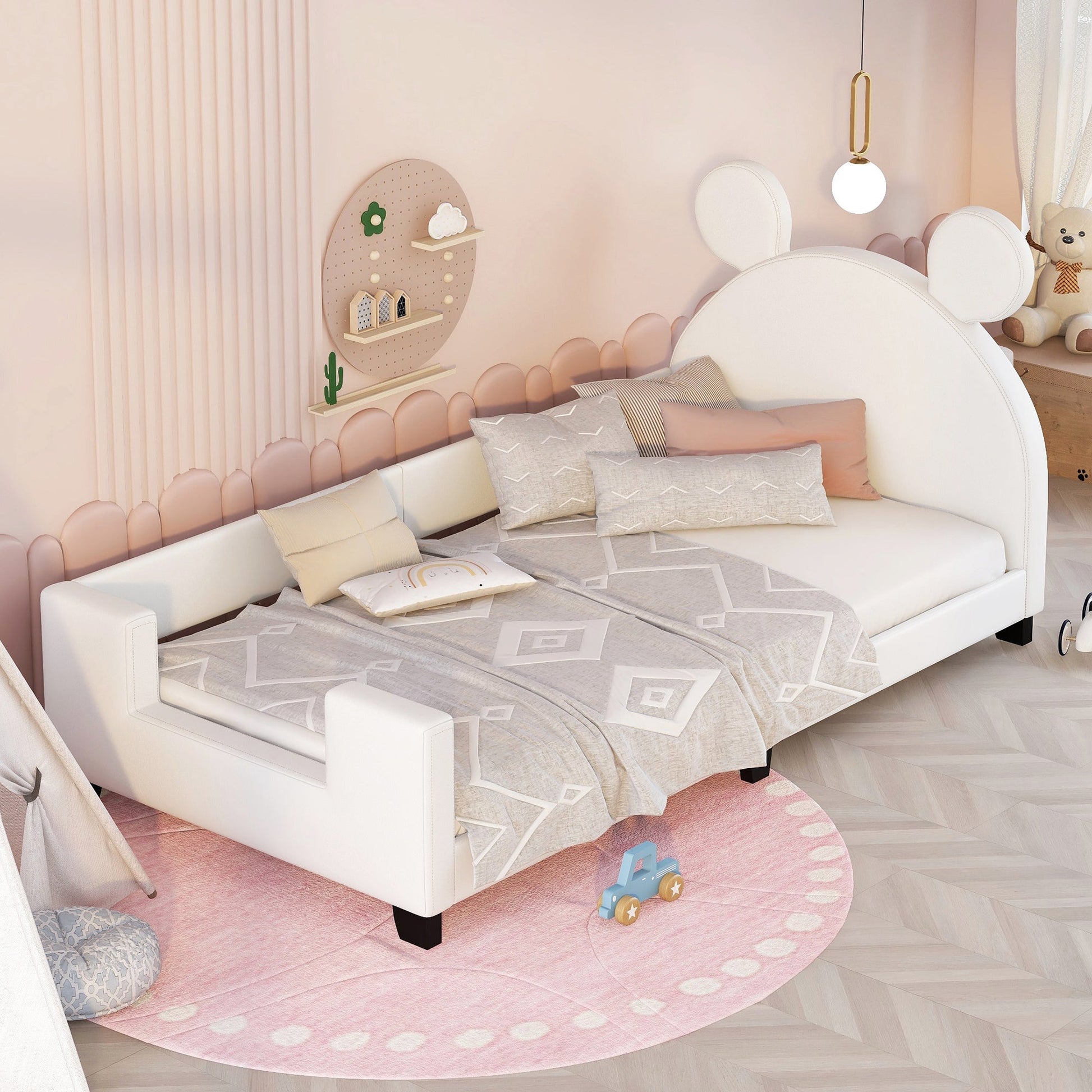 Twin Size Upholstered Daybed with Carton Ears Shaped Headboard White - Korvel