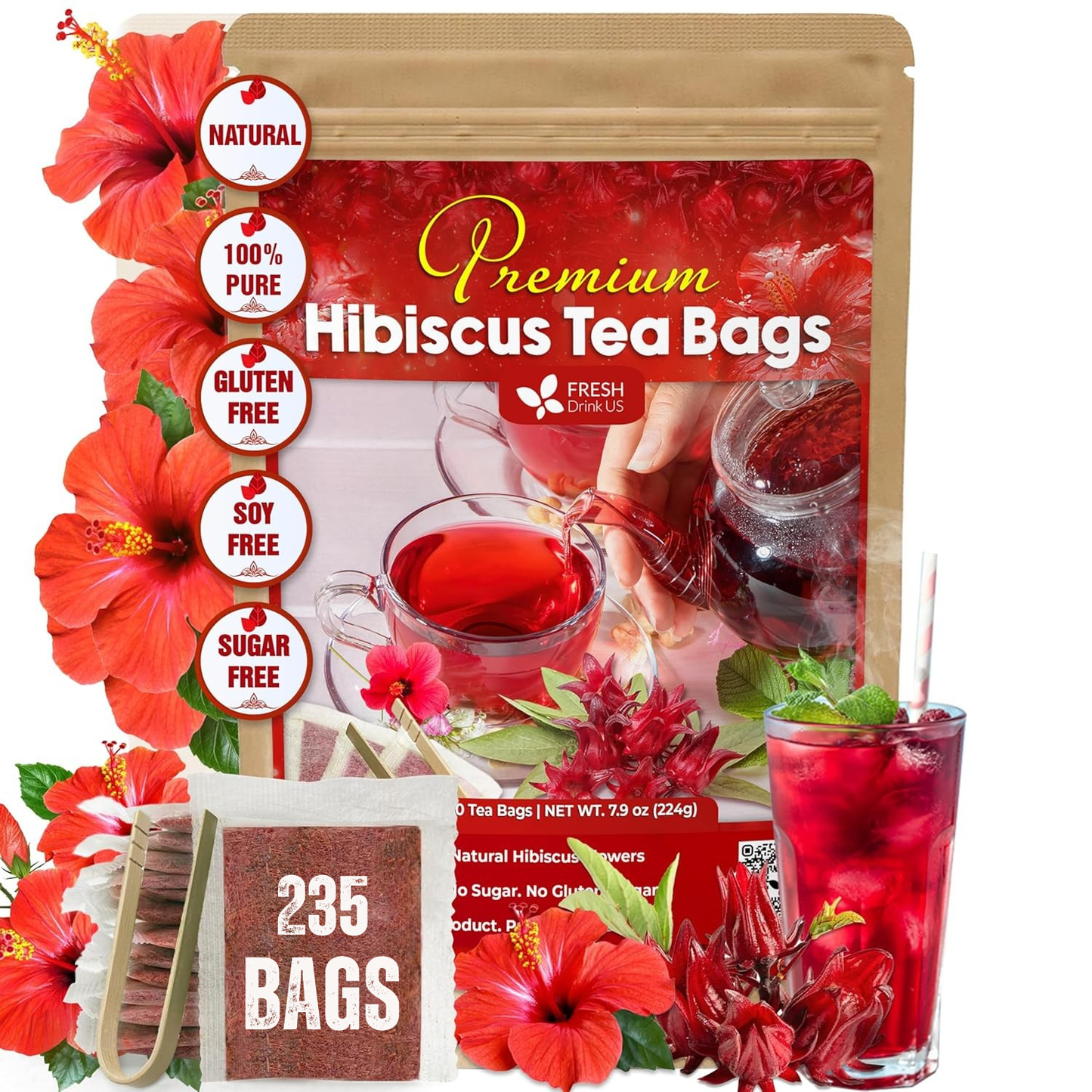 Flores secas de hibisco, bolsitas de té, 100 % natural, puro de flores de hibisco. Té de hibisco a granel. Té de flor de hibisco. Sin azúcar, sin cafeína, sin gluten, vegano.