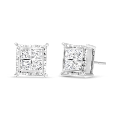 Pendientes de Stud Cuádruples de Diamante Cortado Princesa en Oro Blanco de 14K