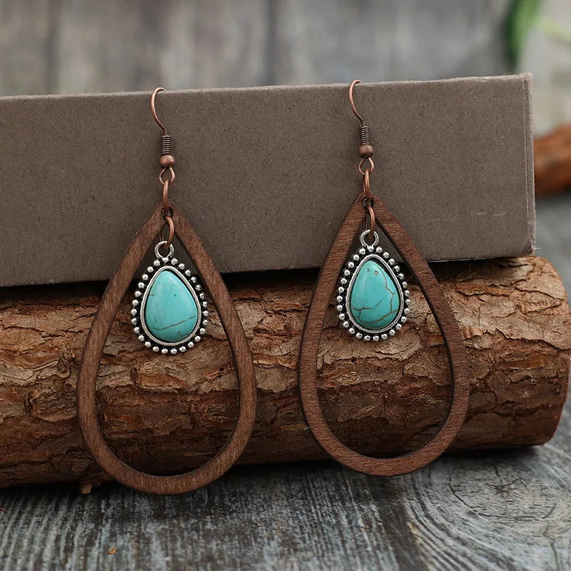 Wooden Turquoise Cutout Teardrop Earrings - Korvel