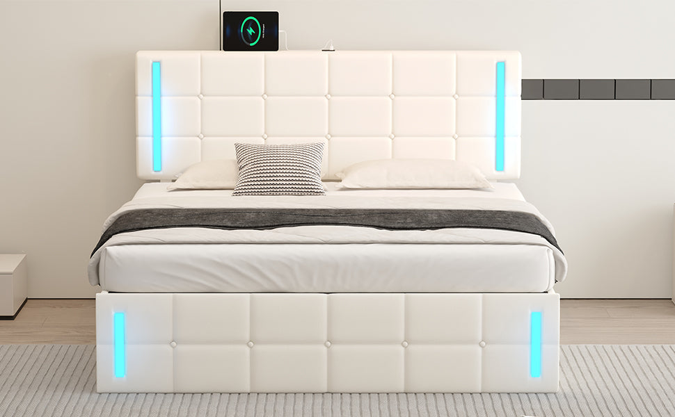 Queen Size Upholstered Bed with LED Lights Hydraulic Storage System and USB Charging Station White - Korvel