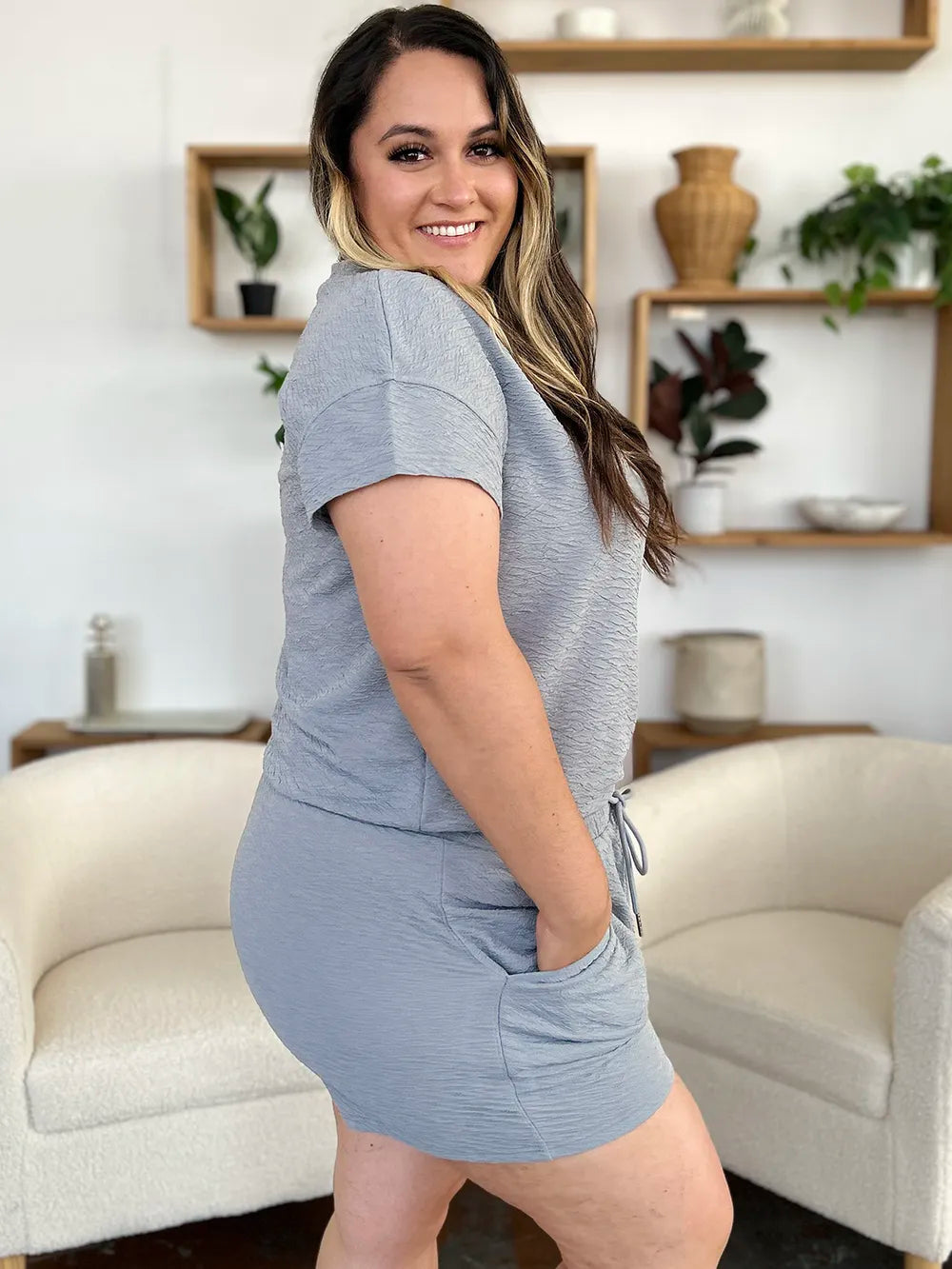 Double Take Full Size Texture T-Shirt and Shorts Set