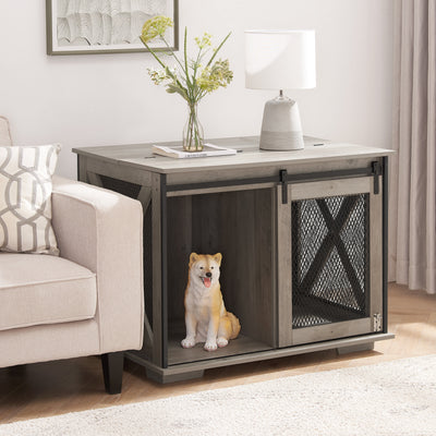 Farmhouse Dog Cage Crate Furniture with Sliding Barn Door, Farmhouse Wooden Dog Kennel End Table with Flip-top Plate Dog House - Korvel