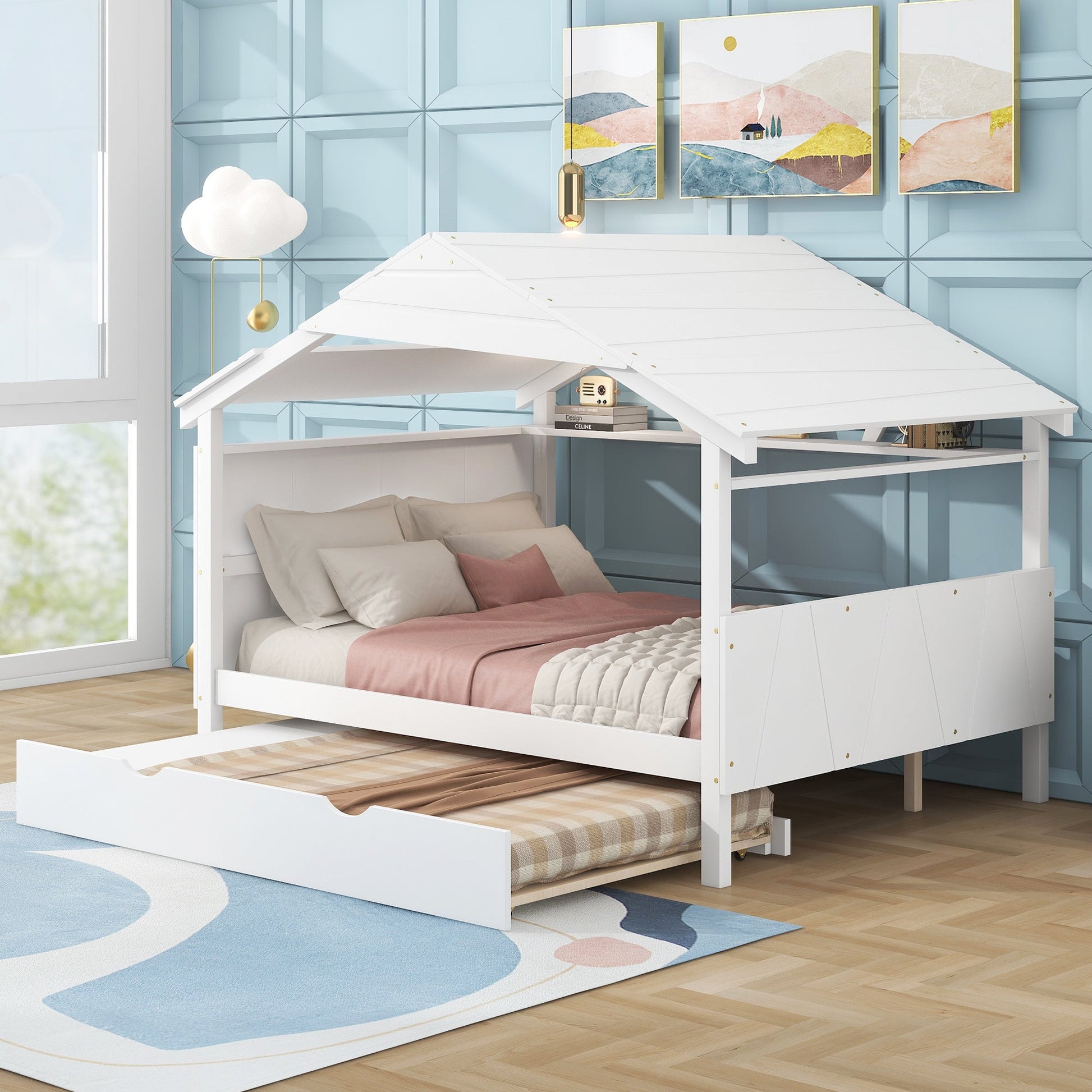 Wood Full Size House Bed with Twin Size Trundle and Storage  White - Korvel