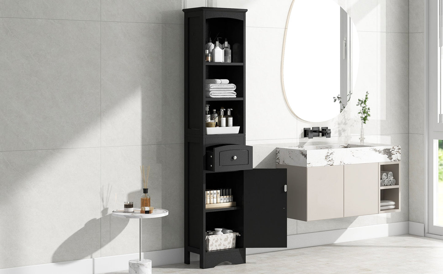 Armoire de Salle de Bain Élégante et Haute avec Étagère Réglable - Noir