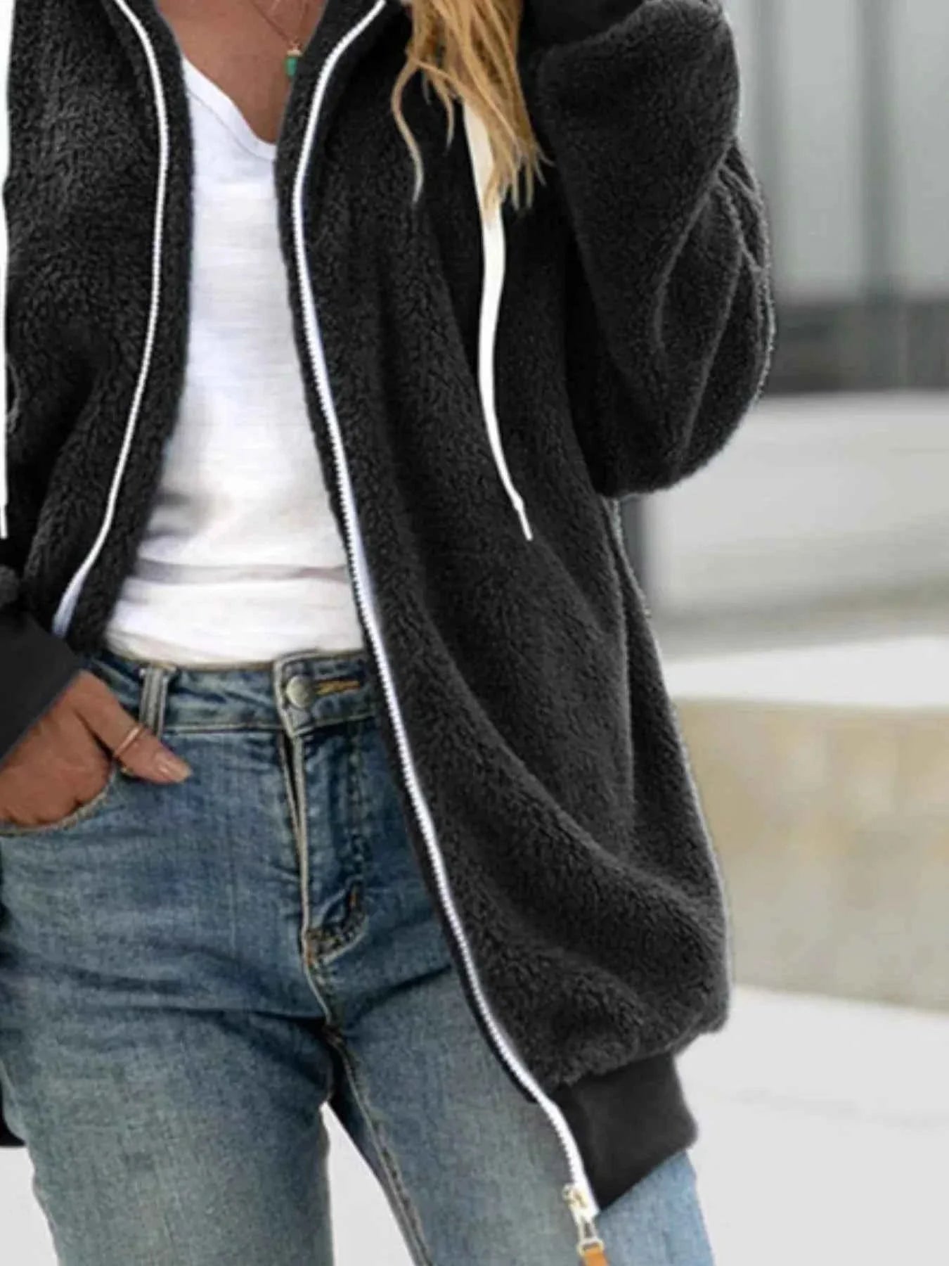 Cozy Fleece Zip-Up Hooded Jacket - Plus Size