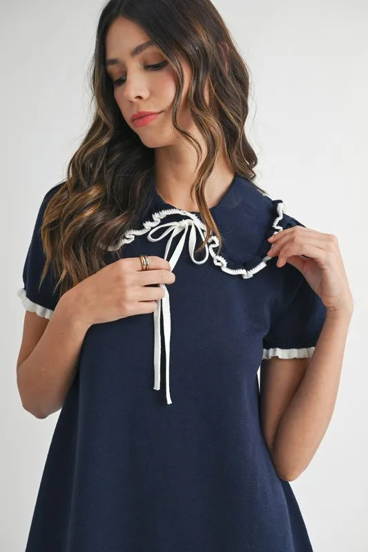 Ruffle Trimmed Collar Fine Knit Mini Dress for Women