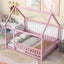 Full Size Floor Wooden Bed with House Roof Frame, Fence Guardrails ,Pink - Korvel