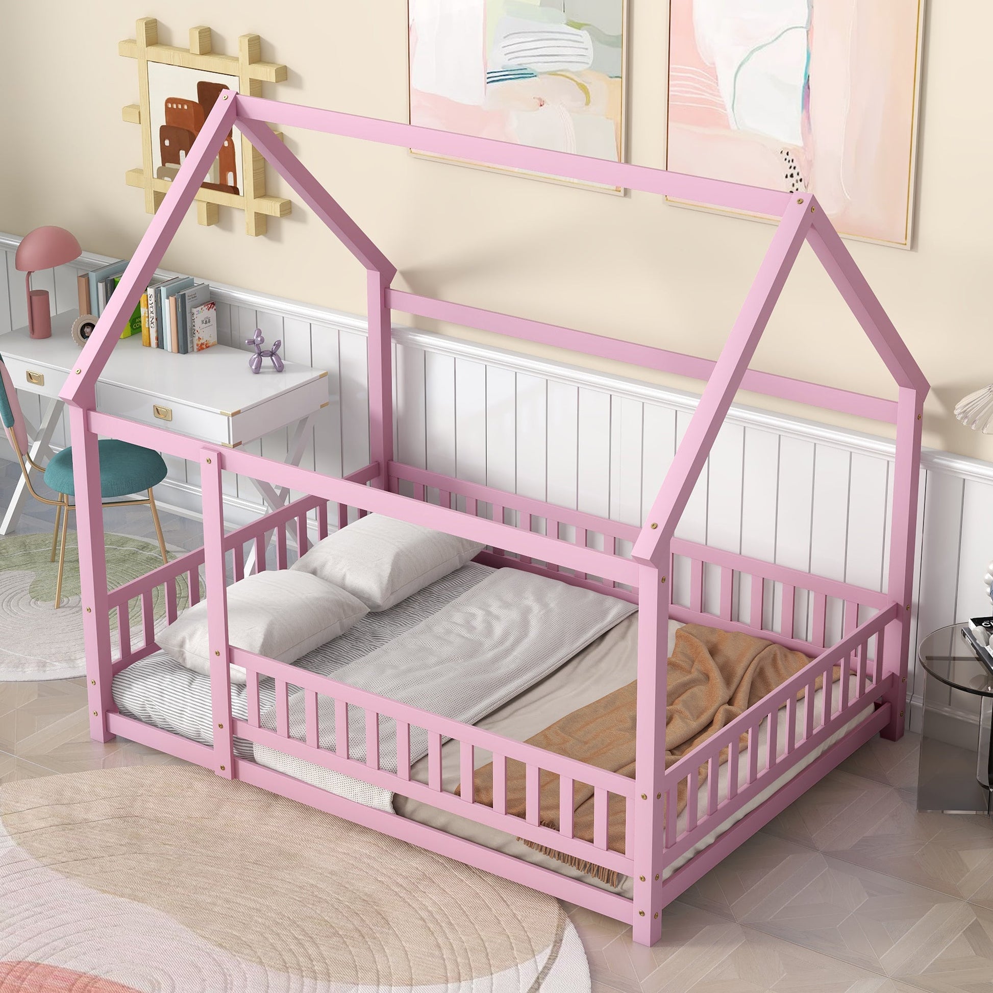Full Size Floor Wooden Bed with House Roof Frame, Fence Guardrails ,Pink - Korvel