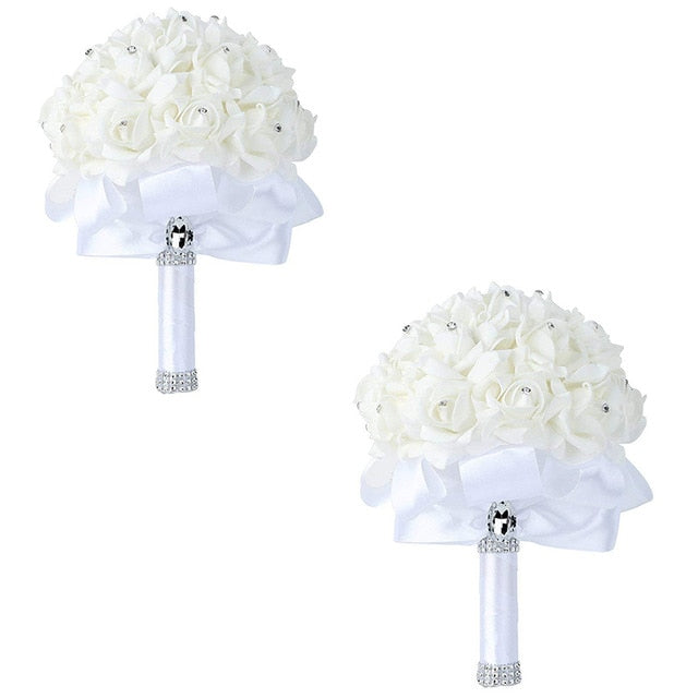 White Ivory Bridal Bridesmaid Flower Wedding Bouquet Artificial Flower Rose Bouquet Crystal Bridal Bouquets - Korvel