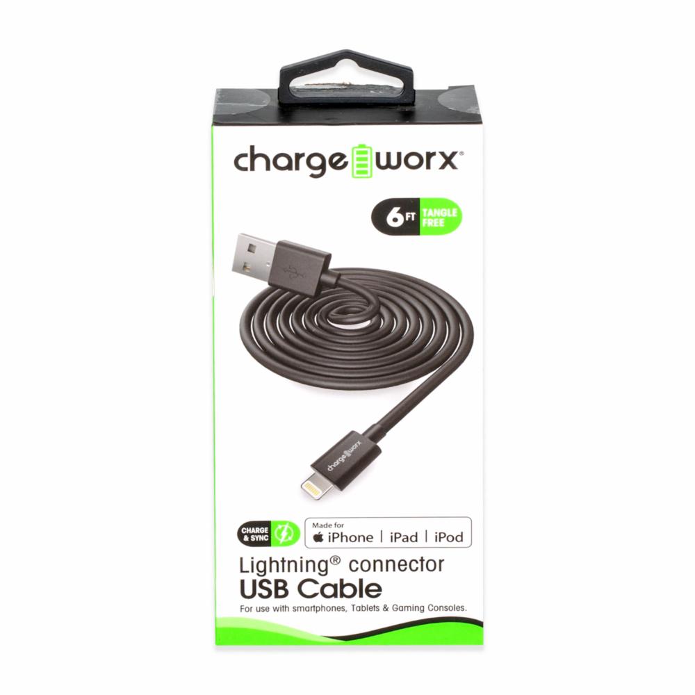 Chargeworx Câble Lightning vers USB de 6 pieds - Noir