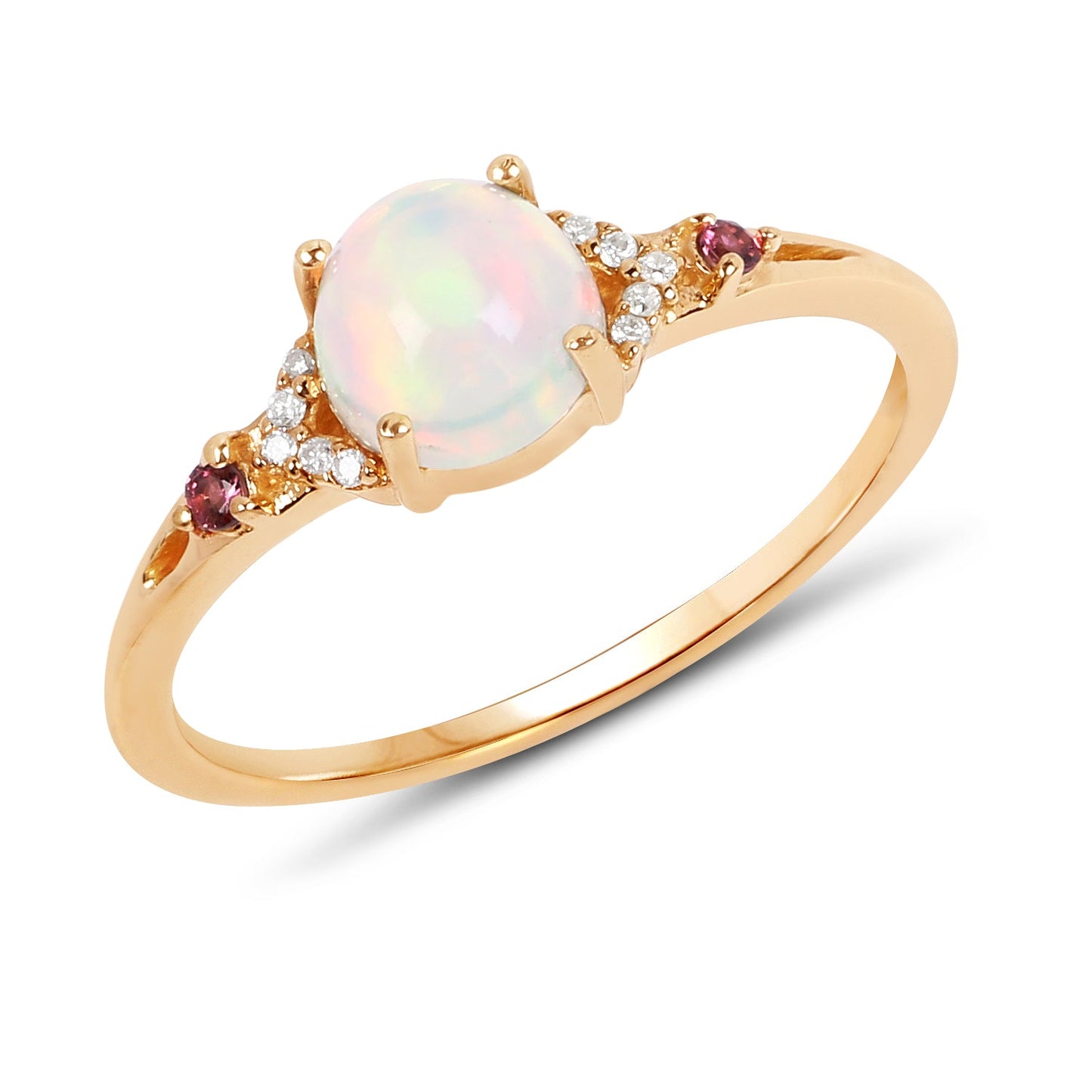 Anillo de 14K de Ópalo, Turmalina Rosa y Diamante de 0.57 Quilates