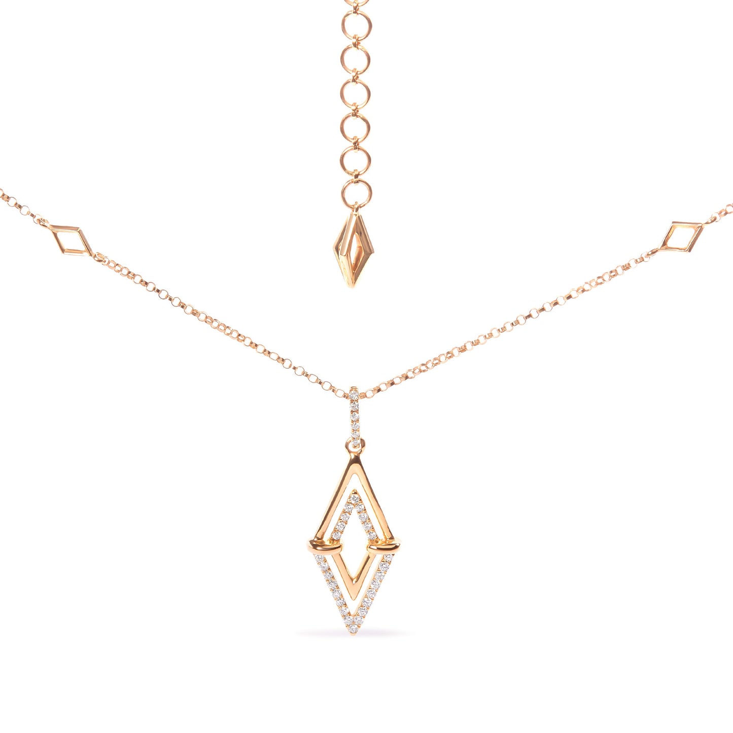 Collar con colgante de triángulo doble de diamante en oro amarillo de 14 quilates
