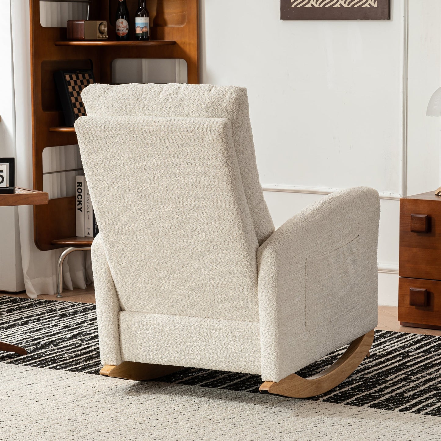 Accent Rocking  Chair with Footrest High Back Rubber Wood Rocking Legs Bedroom Living Space - Korvel