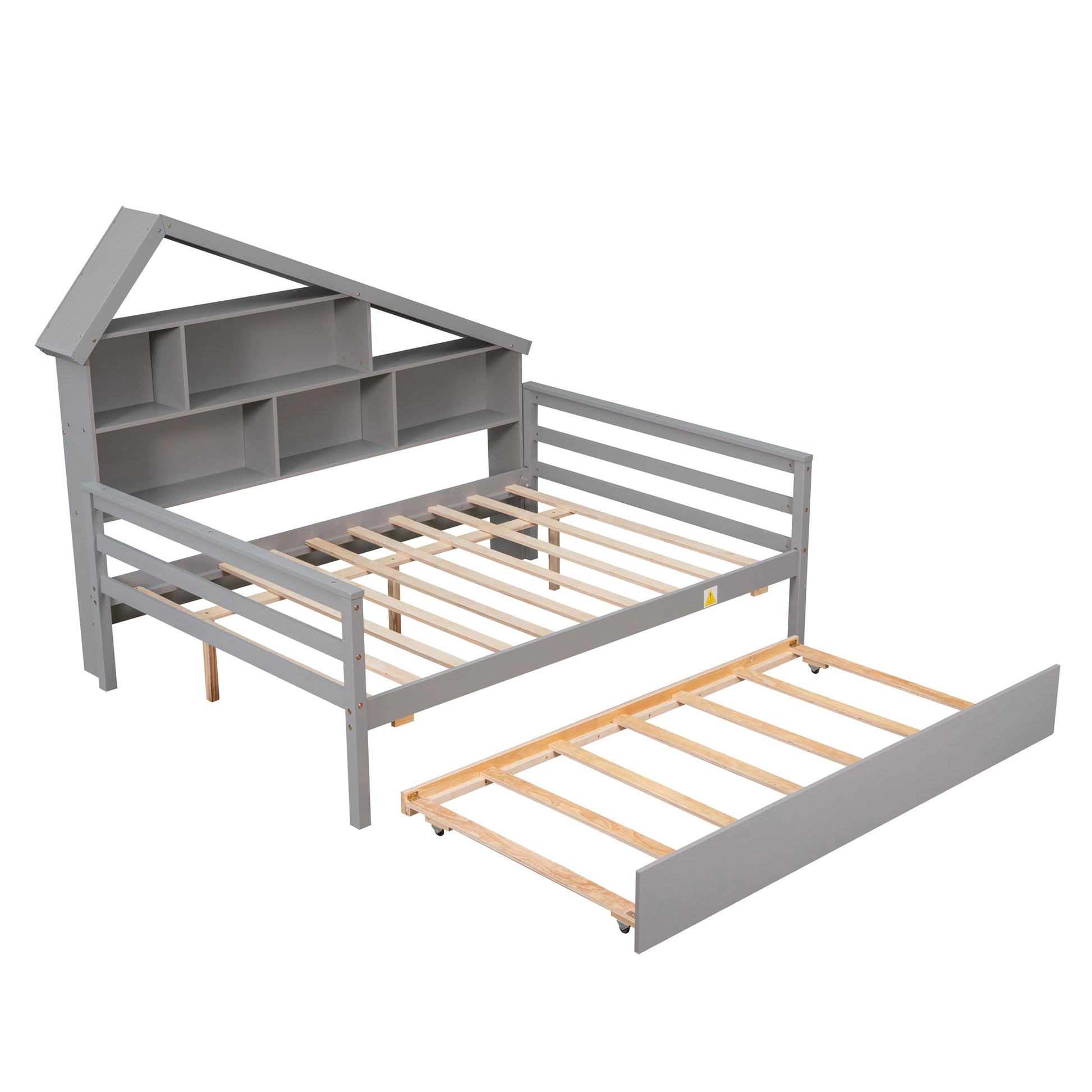 Full Size Platform Bed with Trundle and Shelves Gray - Korvel